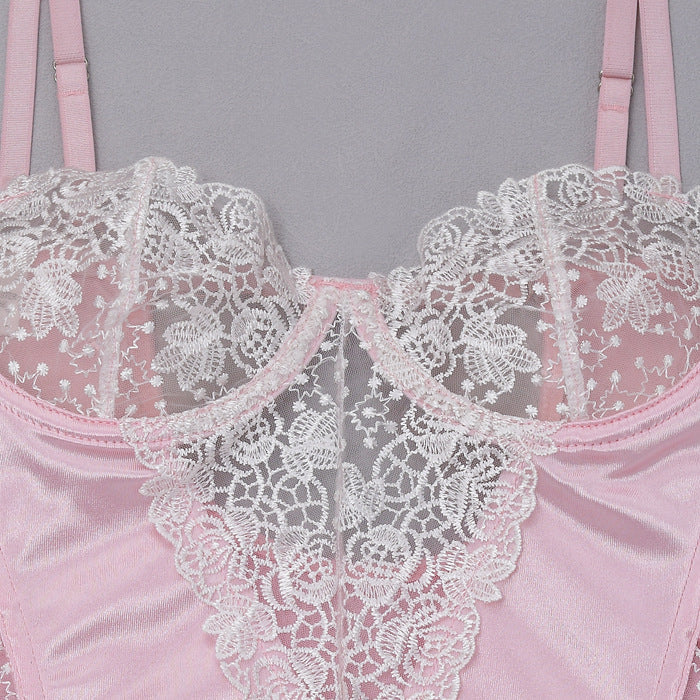 Ladies Floral Lace Velvet Lingerie Corset with Thong SKLG4094