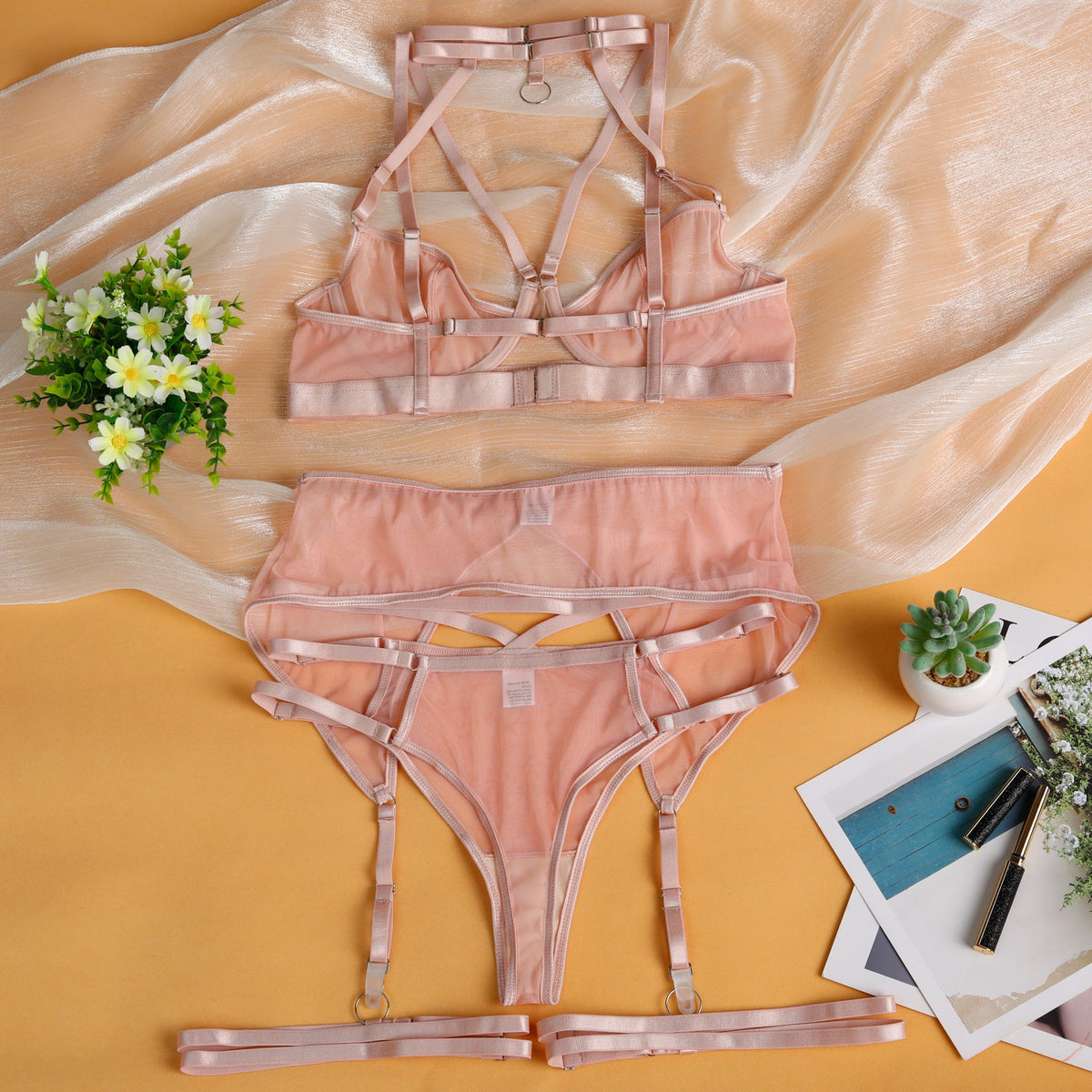 Ladies Solid Color 3PCS Lingerie Set SKLG4090