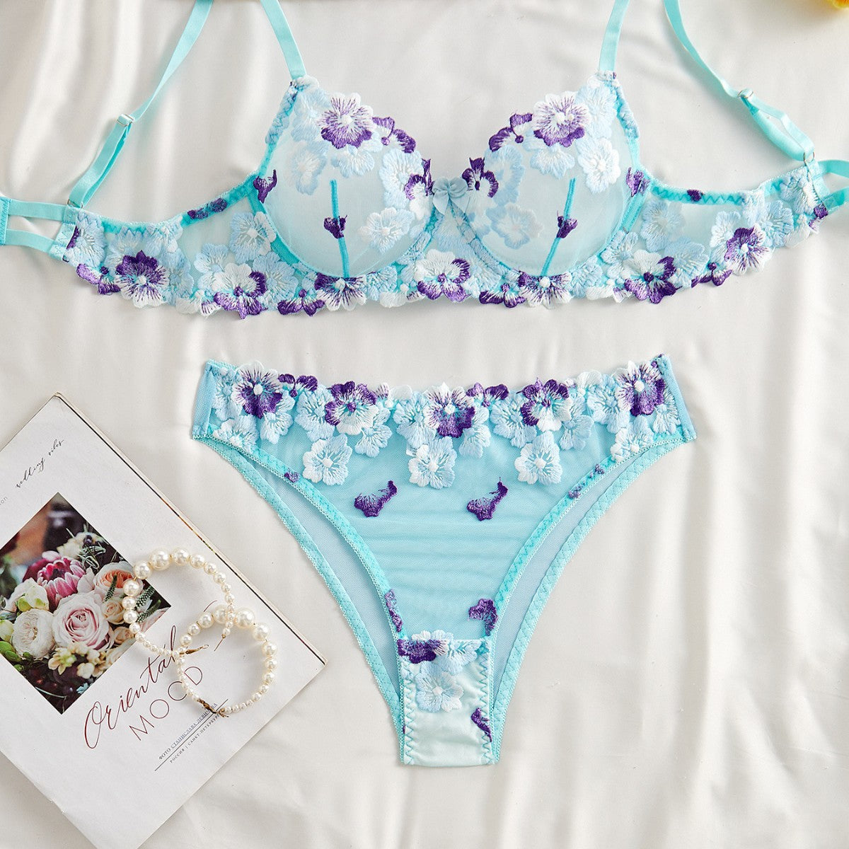 Ladies Floral Embroidery see Through 2PCS Lingerie Set SKLG4122