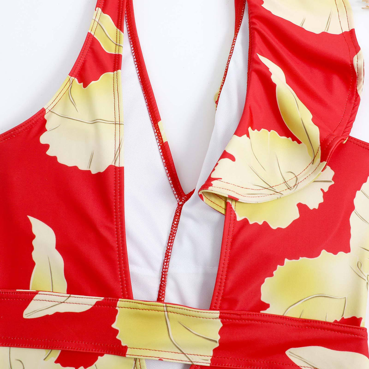 Ruffle Shoulder Waist Tie One Swimwear with Cover SKSW40129