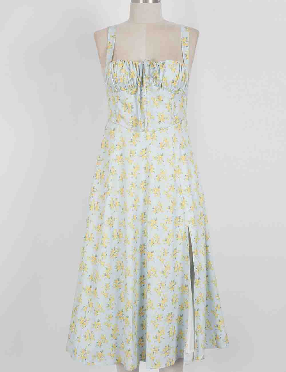 Ladies Floral Print Lace-Up Side Split Midi Dress