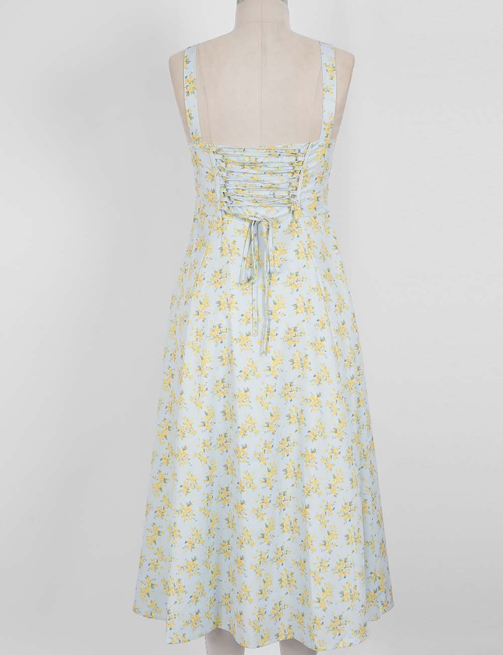Ladies Floral Print Lace-Up Side Split Midi Dress
