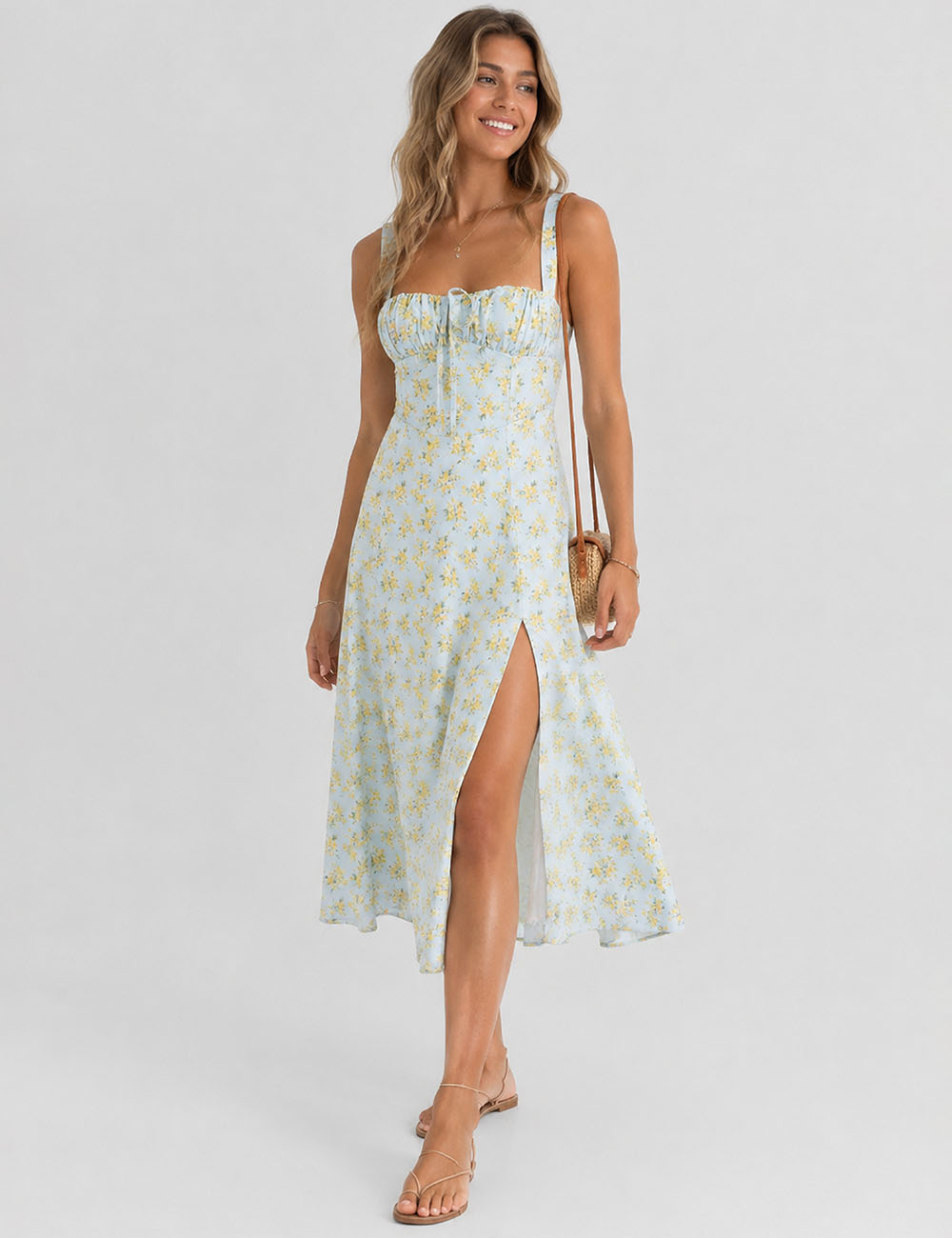 Ladies Floral Print Lace-Up Side Split Midi Dress