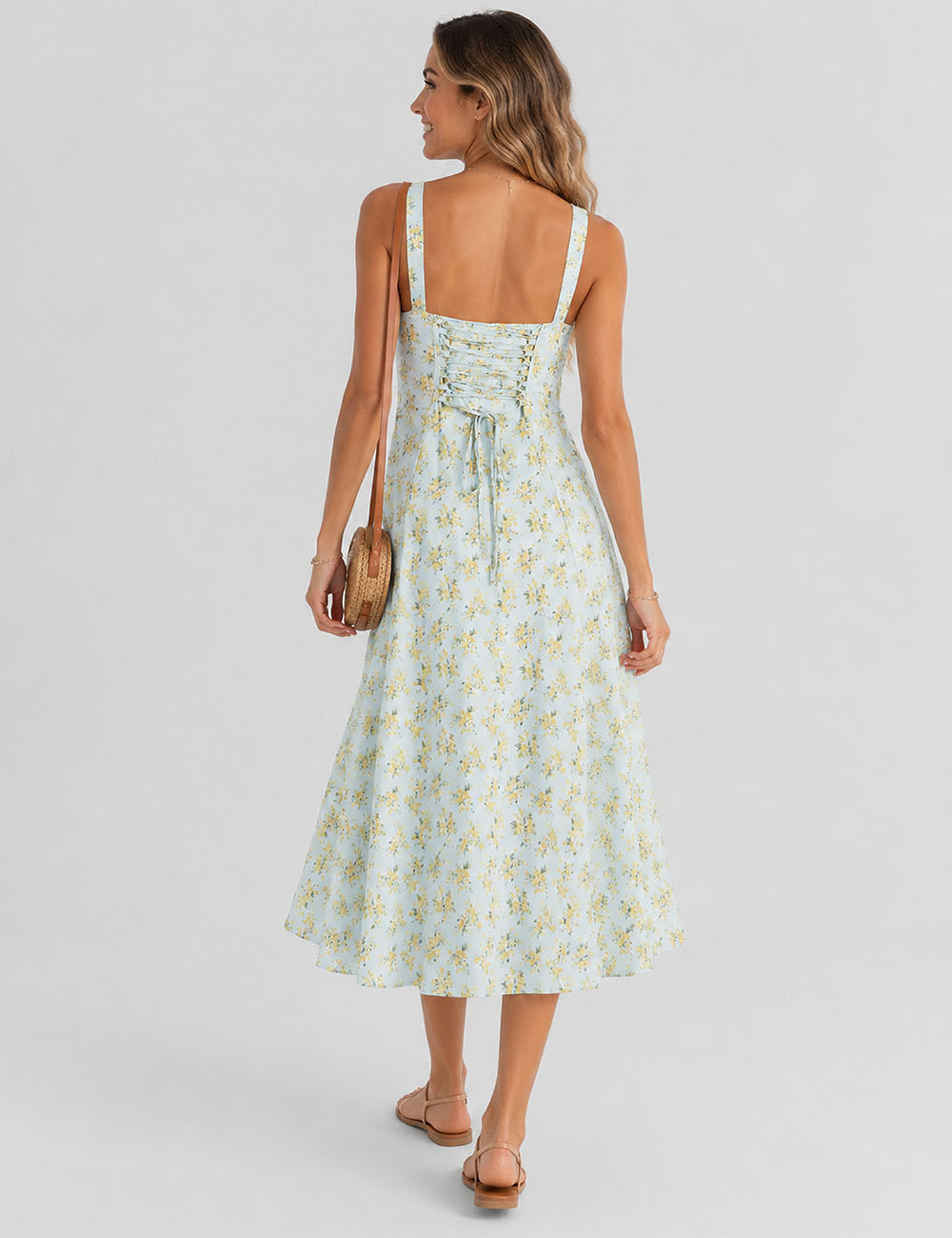 Ladies Floral Print Lace-Up Side Split Midi Dress
