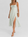 Ladies Floral Print Lace-Up Side Split Midi Dress