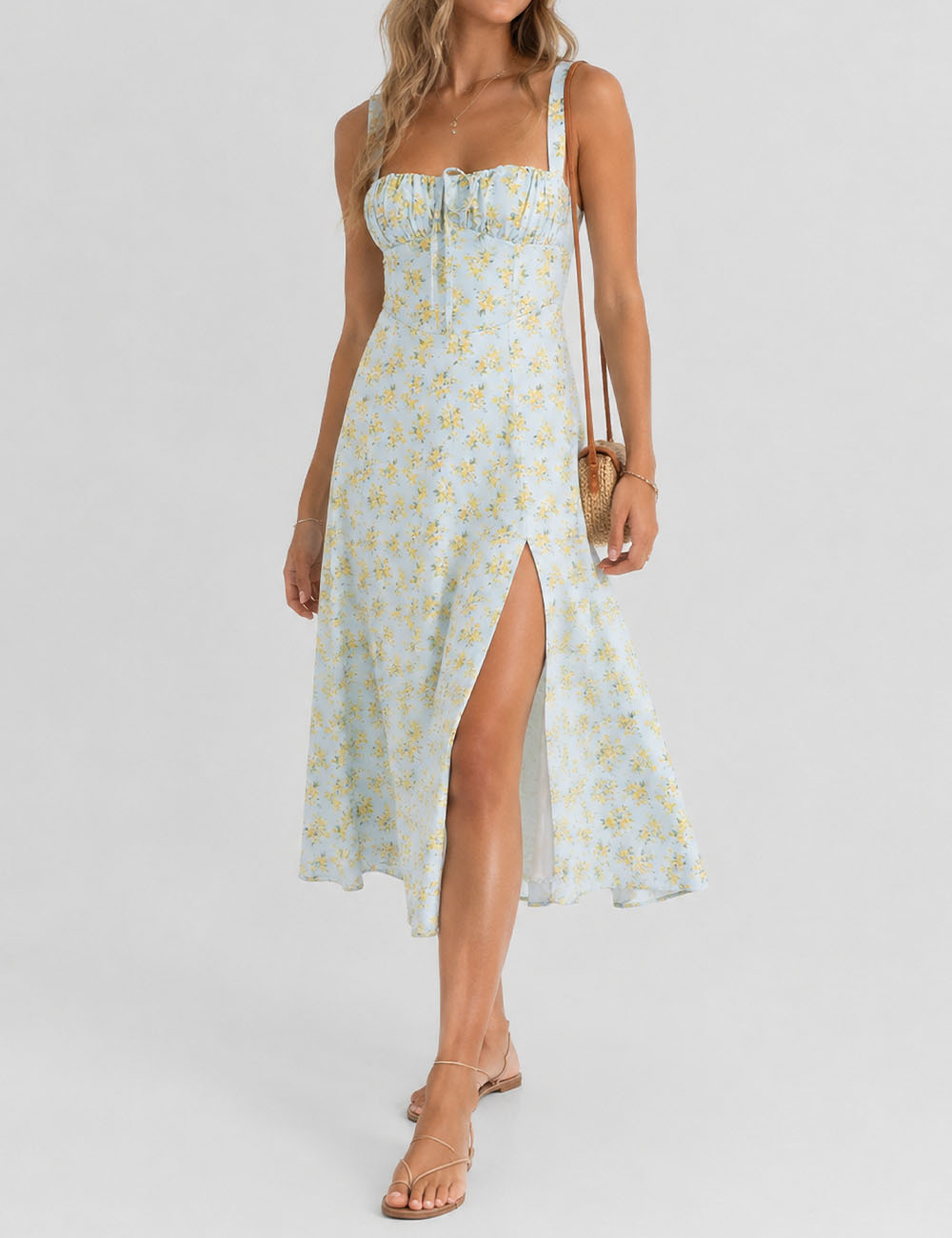 Ladies Floral Print Lace-Up Side Split Midi Dress