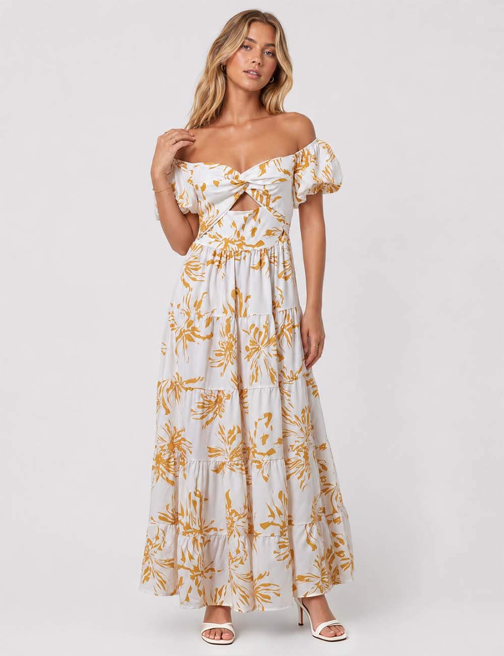 Ladies Bubble Short Sleeves Floral Print Maxi Dress