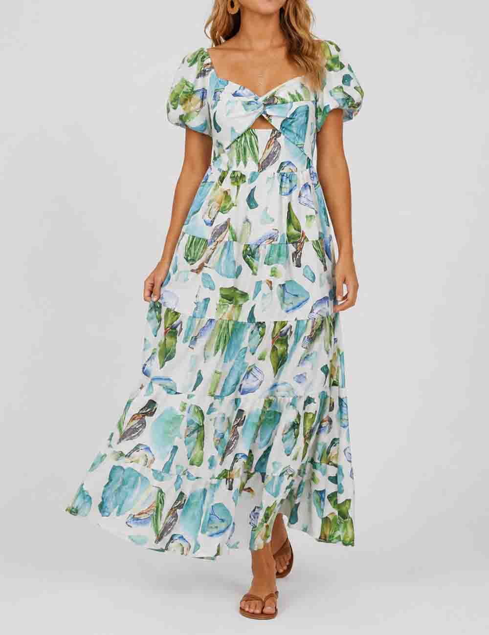 Ladies Bubble Short Sleeves Floral Print Maxi Dress