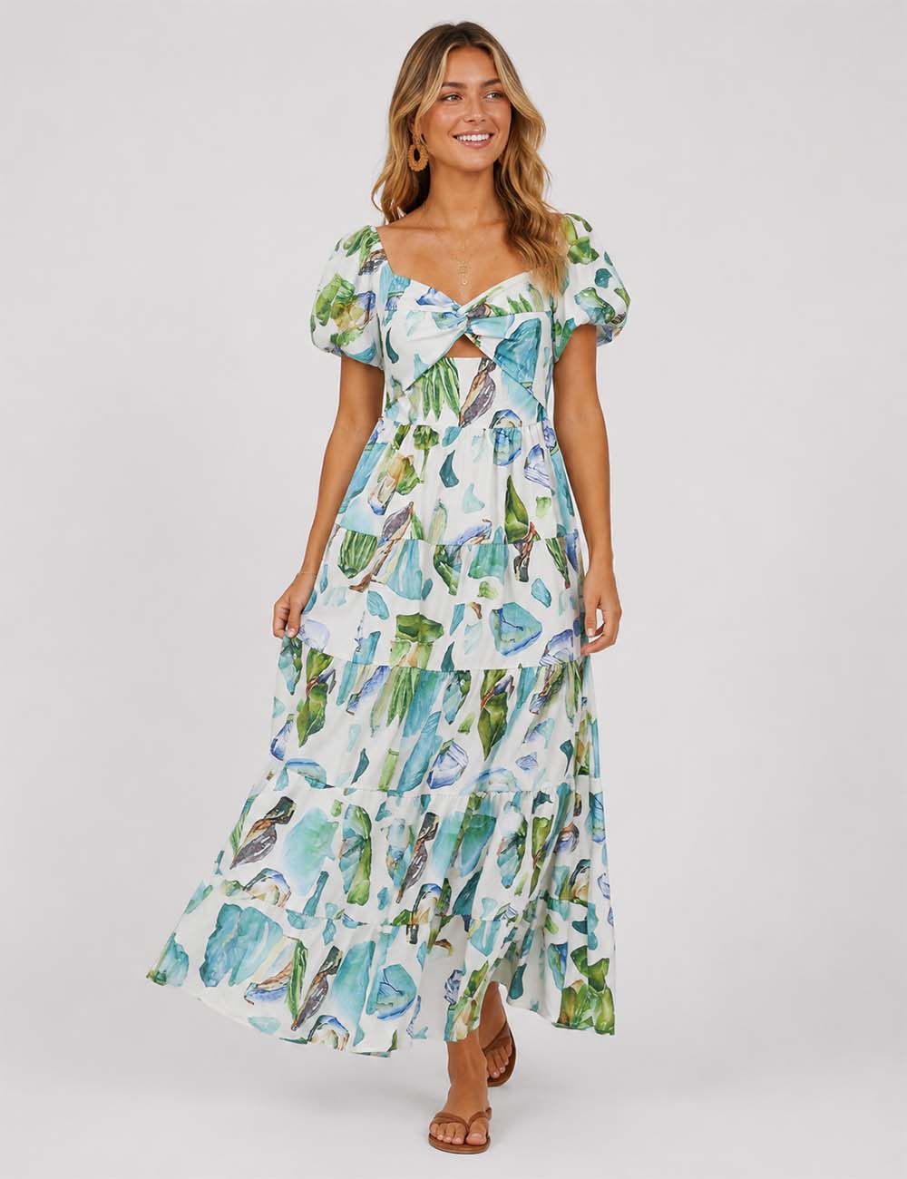 Ladies Bubble Short Sleeves Floral Print Maxi Dress