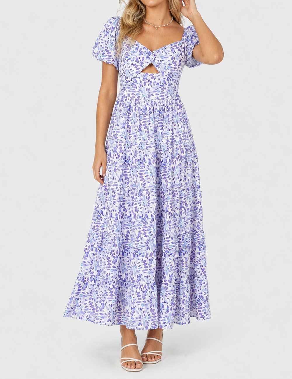 Ladies Bubble Short Sleeves Floral Print Maxi Dress
