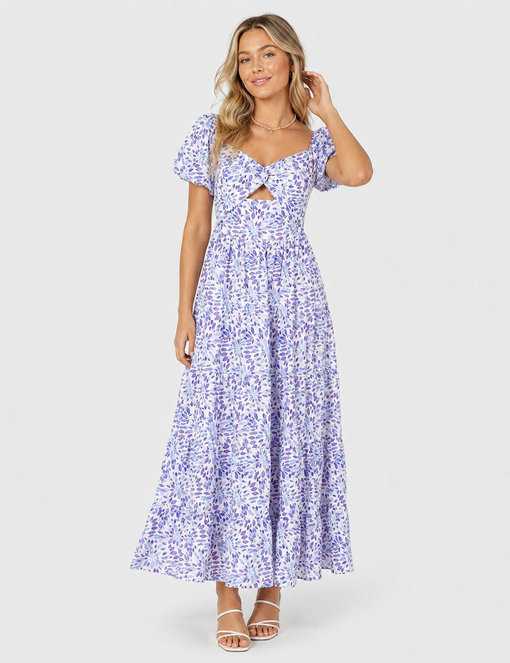 Ladies Bubble Short Sleeves Floral Print Maxi Dress