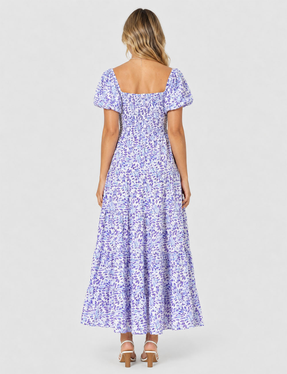 Ladies Bubble Short Sleeves Floral Print Maxi Dress