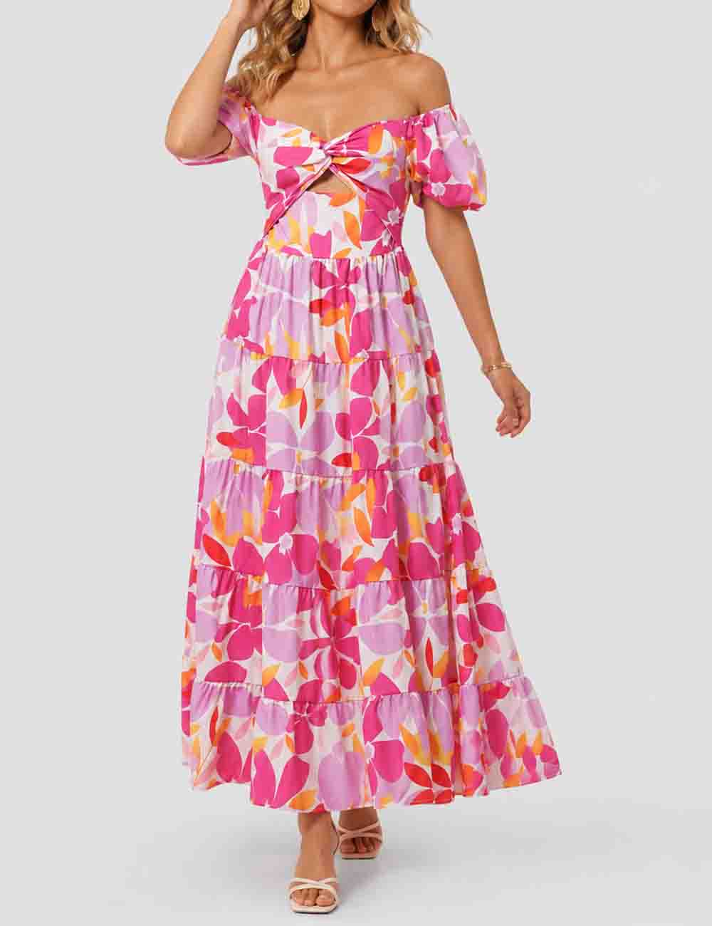 Ladies Bubble Short Sleeves Floral Print Maxi Dress