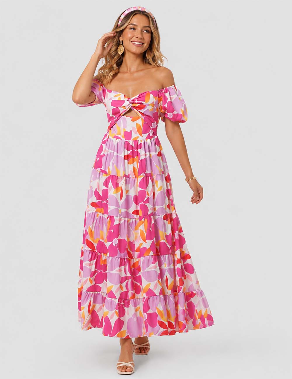 Ladies Bubble Short Sleeves Floral Print Maxi Dress