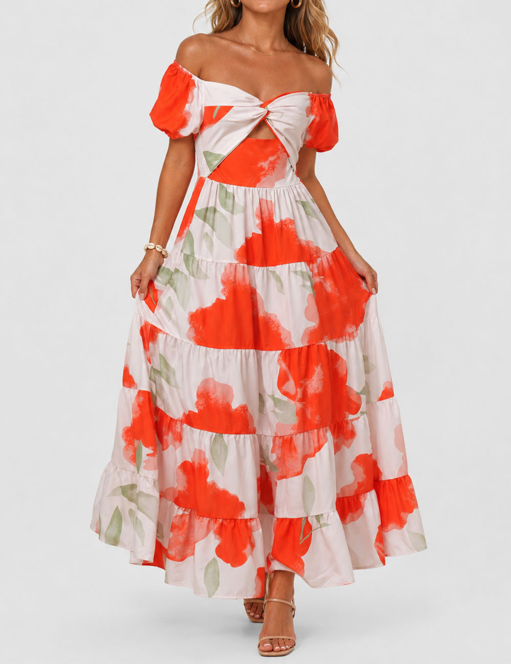 Ladies Bubble Short Sleeves Floral Print Maxi Dress