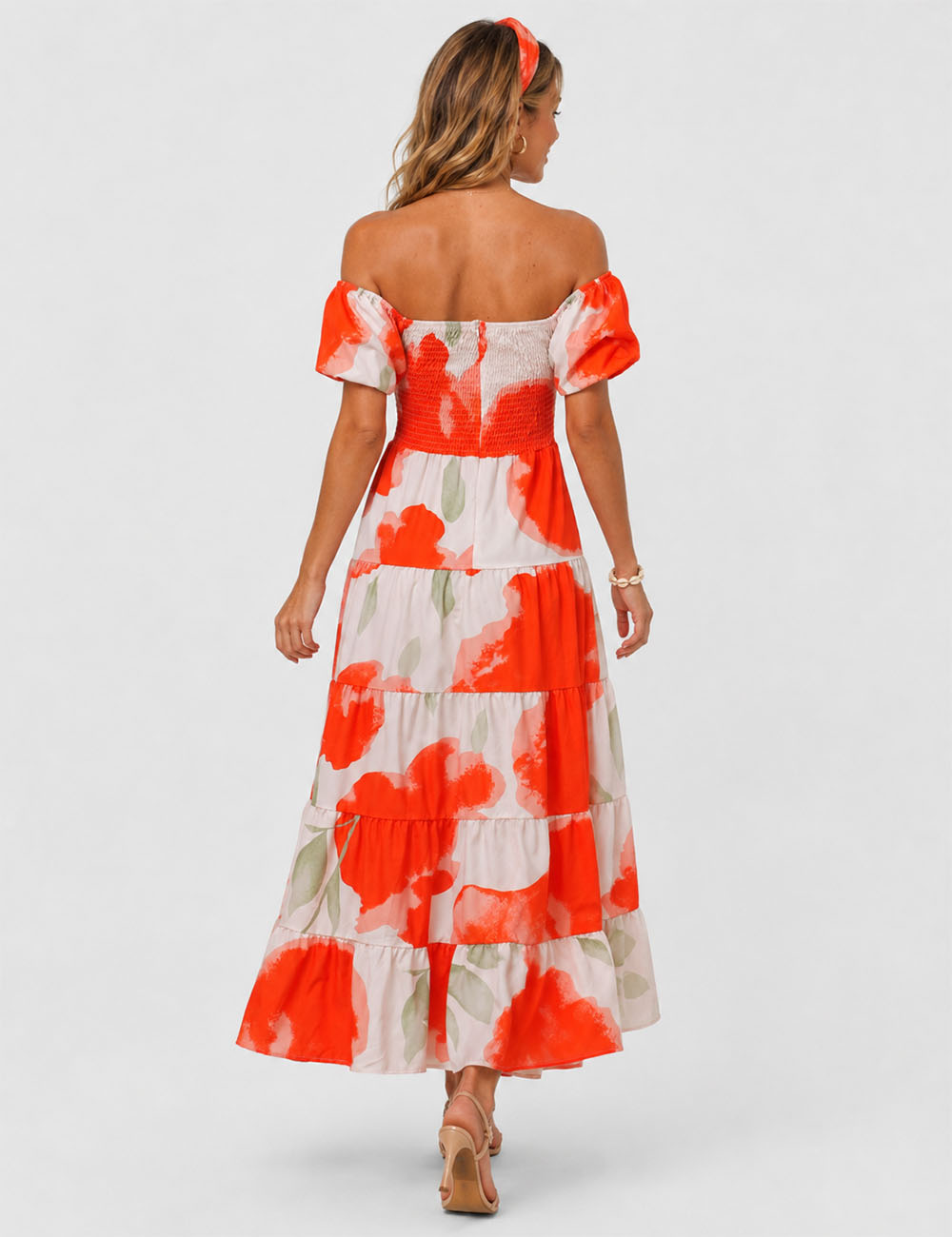 Ladies Bubble Short Sleeves Floral Print Maxi Dress