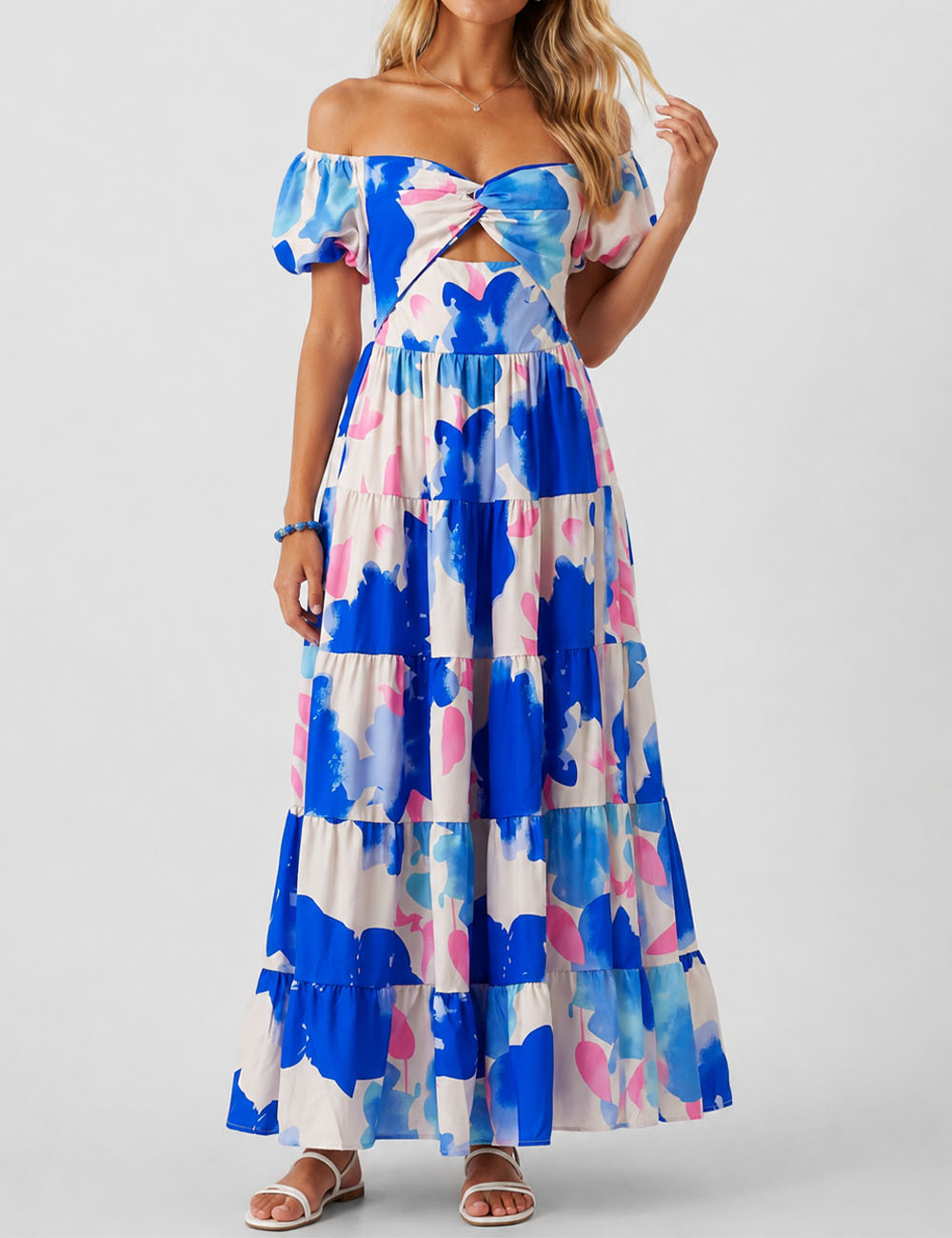 Ladies Bubble Short Sleeves Floral Print Maxi Dress