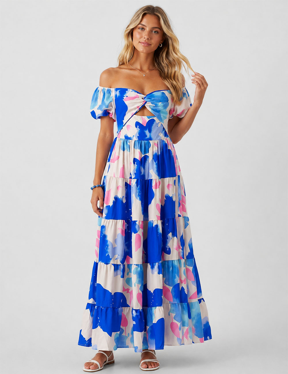 Ladies Bubble Short Sleeves Floral Print Maxi Dress