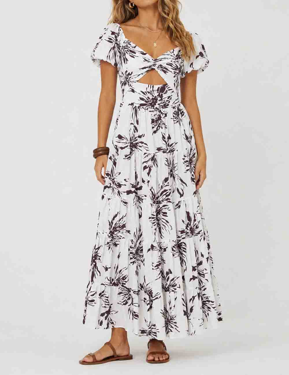 Ladies Bubble Short Sleeves Floral Print Maxi Dress