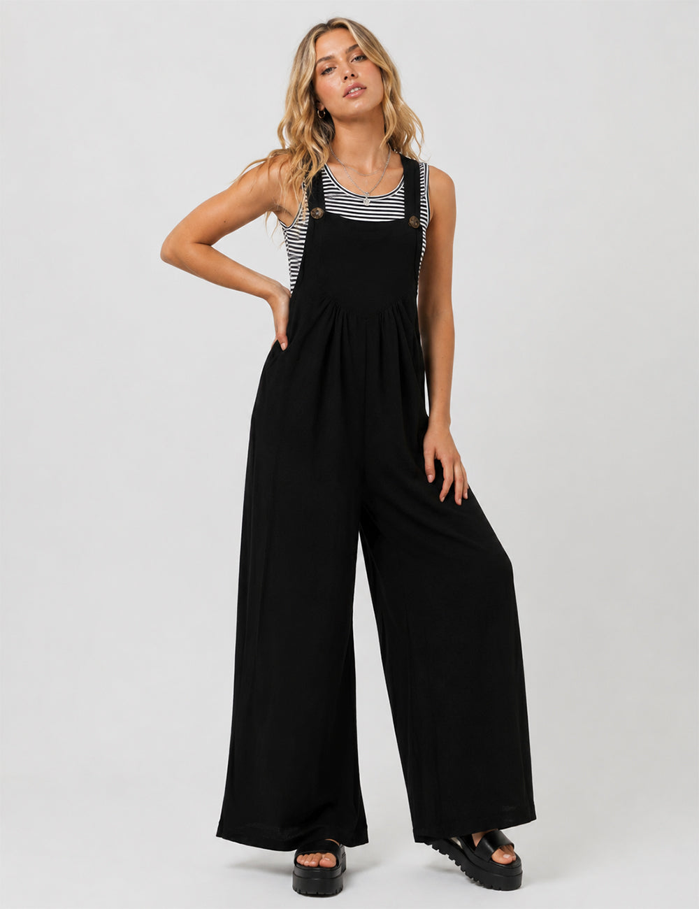 Ladies Solid Color Strape Shoulder Overalls Daily Jumpsuit