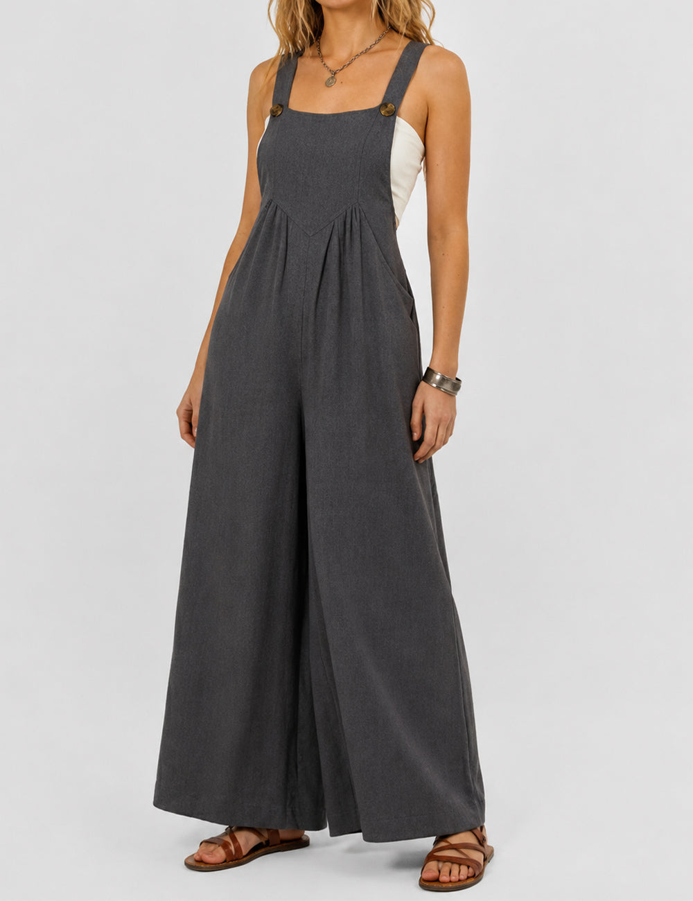 Ladies Solid Color Strape Shoulder Overalls Daily Jumpsuit