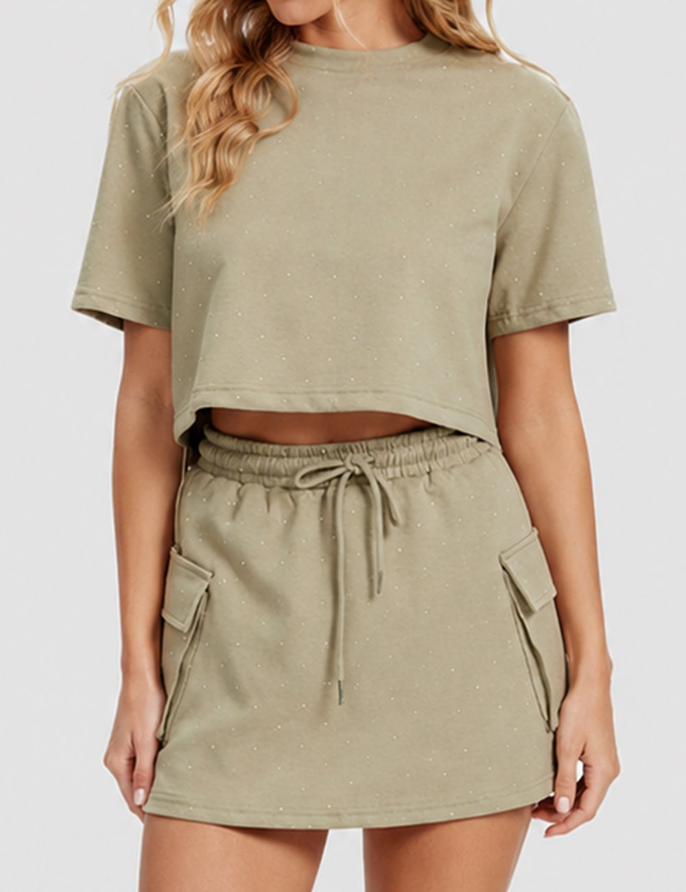 Ladies Solid Color Stripe Casual Top Skirt 2PCS Set