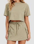 Ladies Solid Color Stripe Casual Top Skirt 2PCS Set