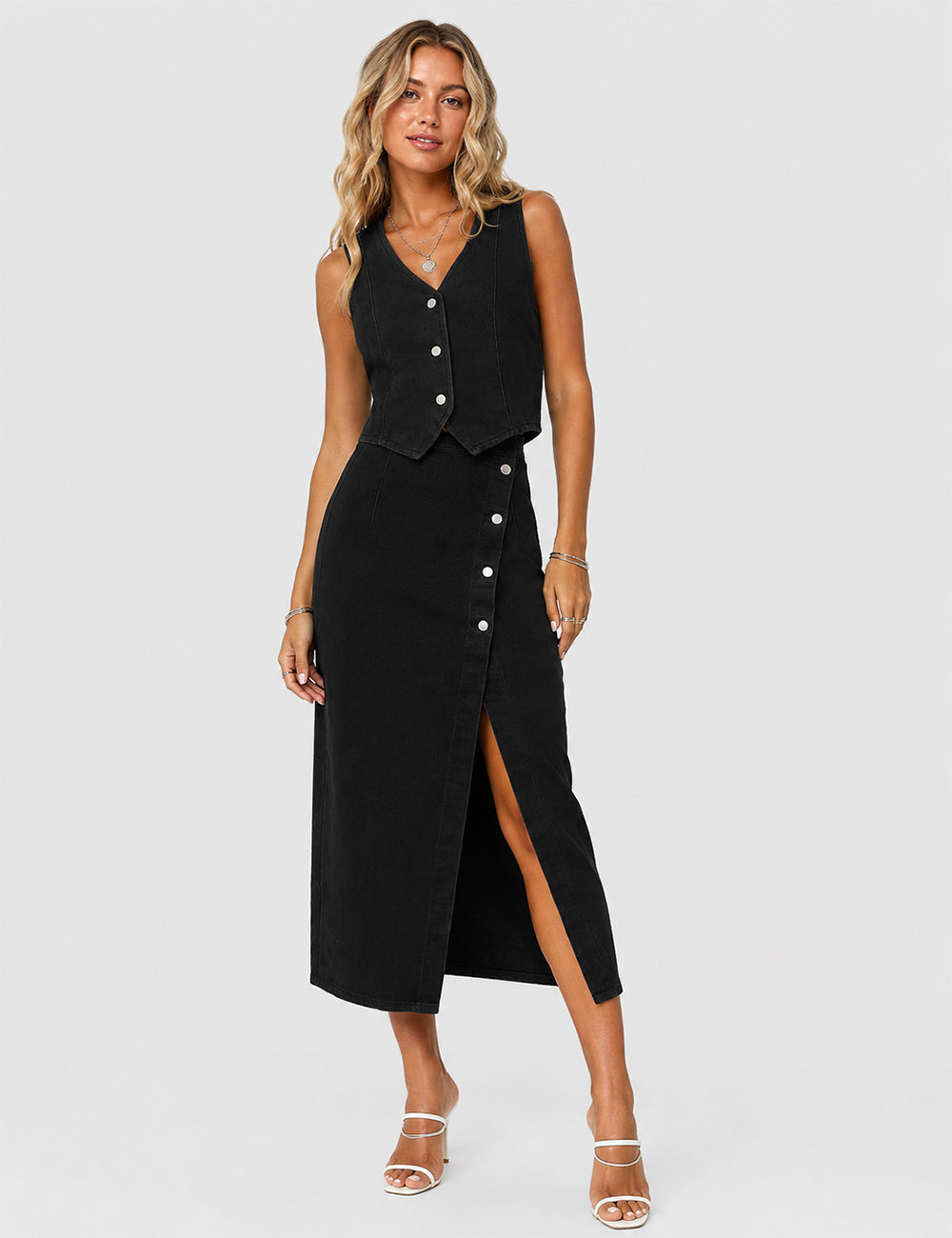 Ladies V-Neck Button Front Denim Vest & Midi Skirt 2PCS Set