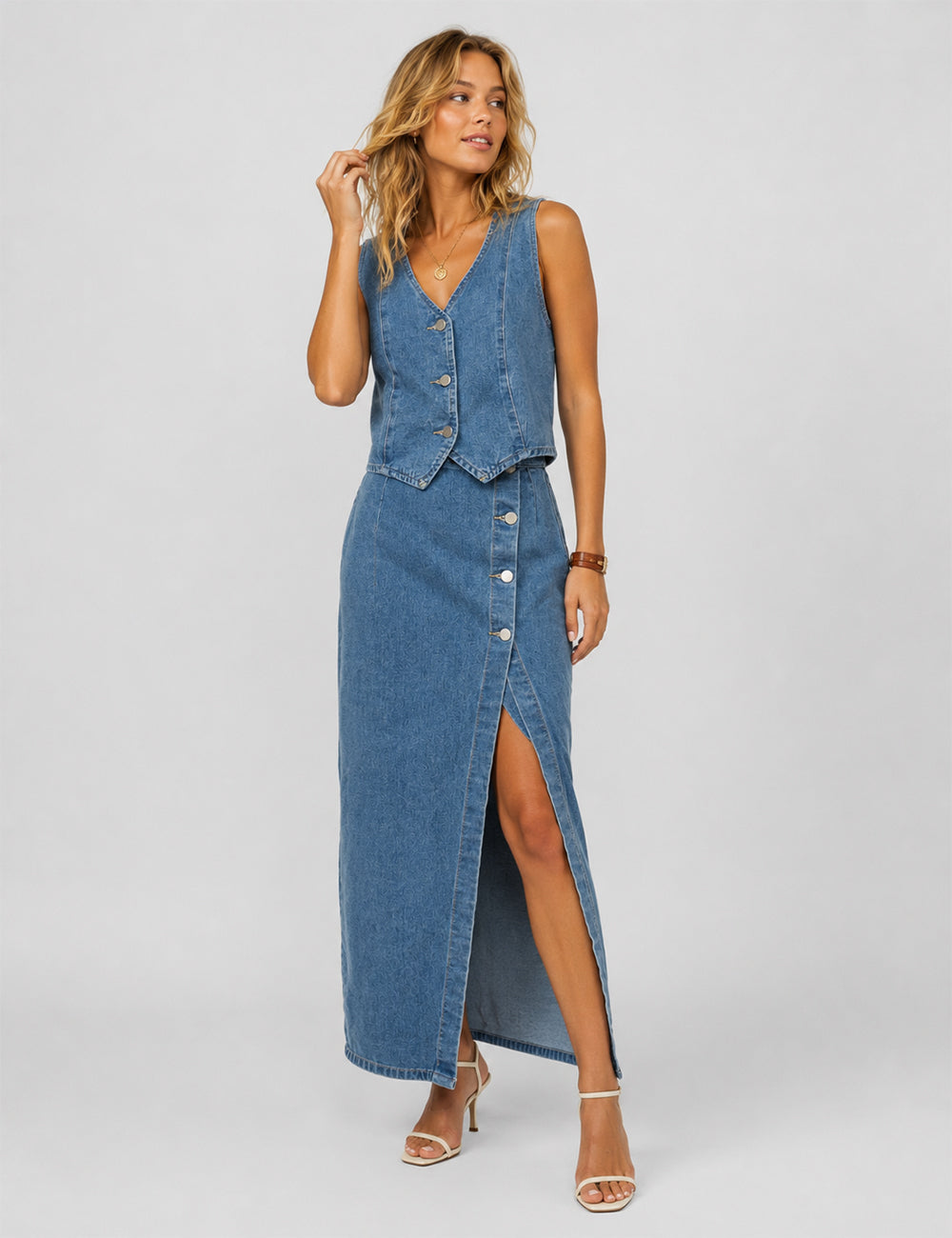 Ladies V-Neck Button Front Denim Vest & Midi Skirt 2PCS Set