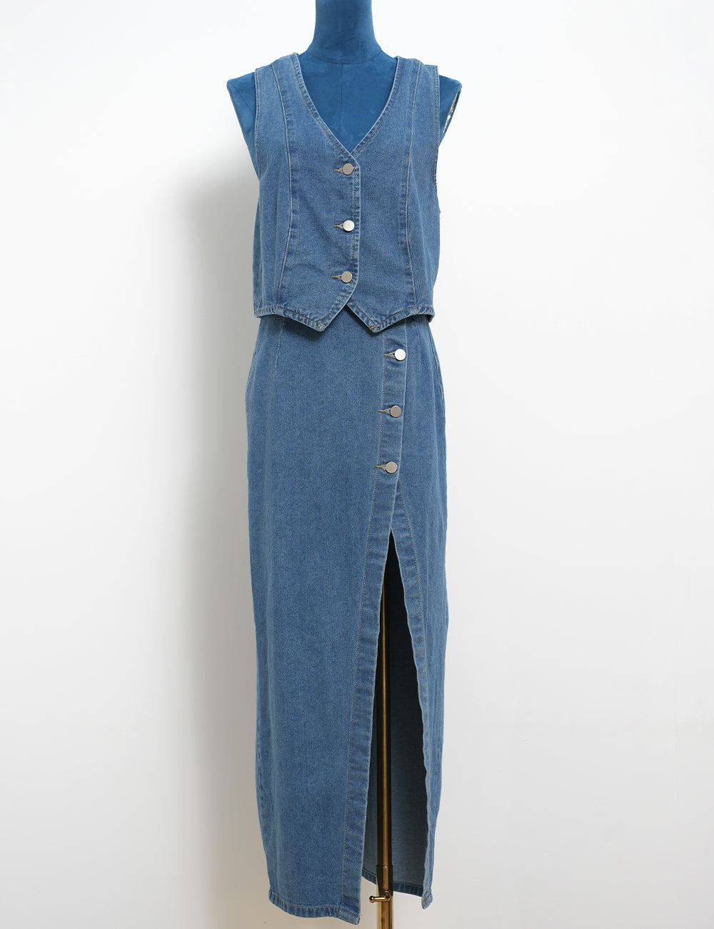 Ladies V-Neck Button Front Denim Vest & Midi Skirt 2PCS Set