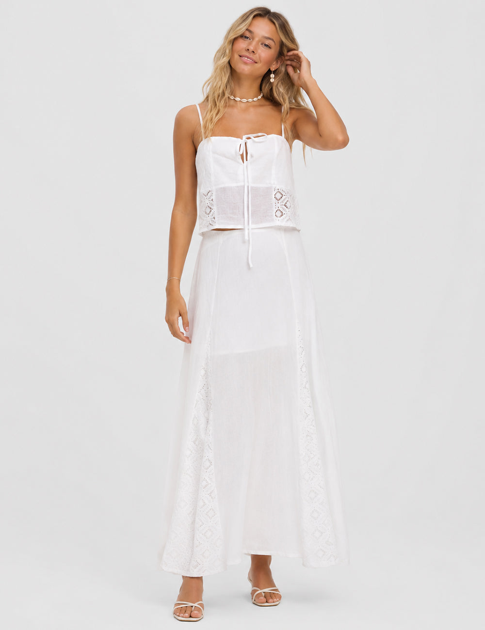Ladies White Back Smocking Cami Top & Skirt Set