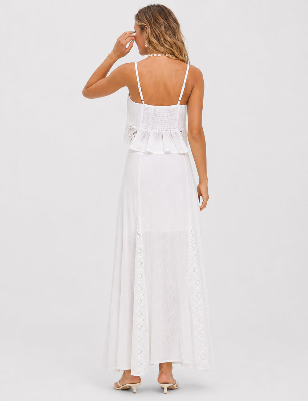 Ladies White Back Smocking Cami Top & Skirt Set