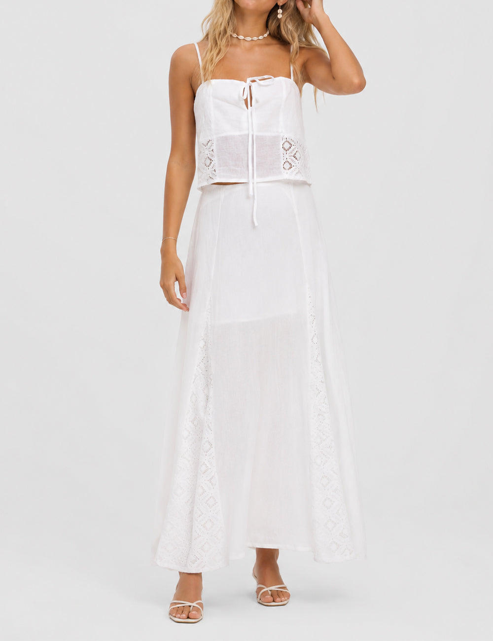 Ladies White Back Smocking Cami Top & Skirt Set
