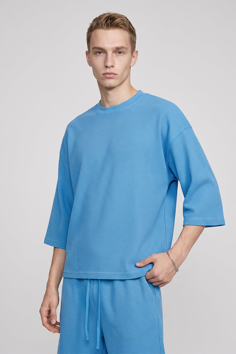 Men Spring Waffle Knit Drop Shoulder 3/4 Sleeve Top