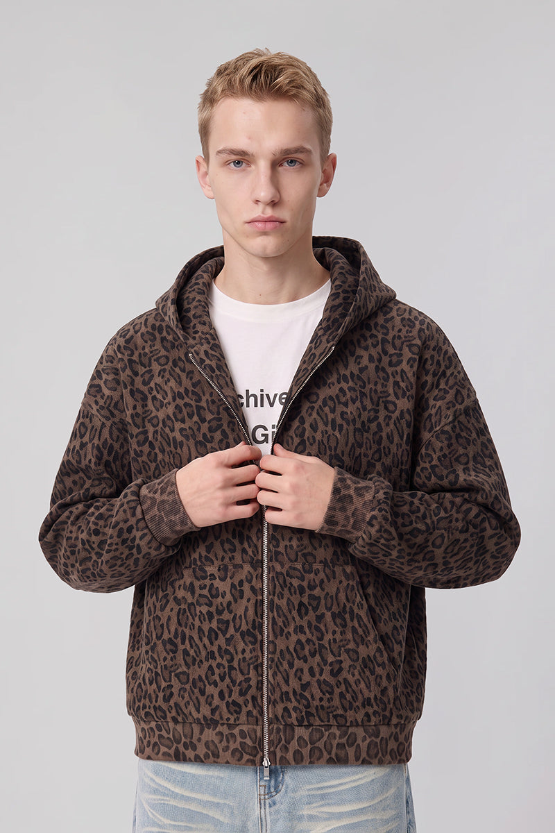 Men's Fall Clothing Leopard-Print Zip-Up Hoodie Jacket
