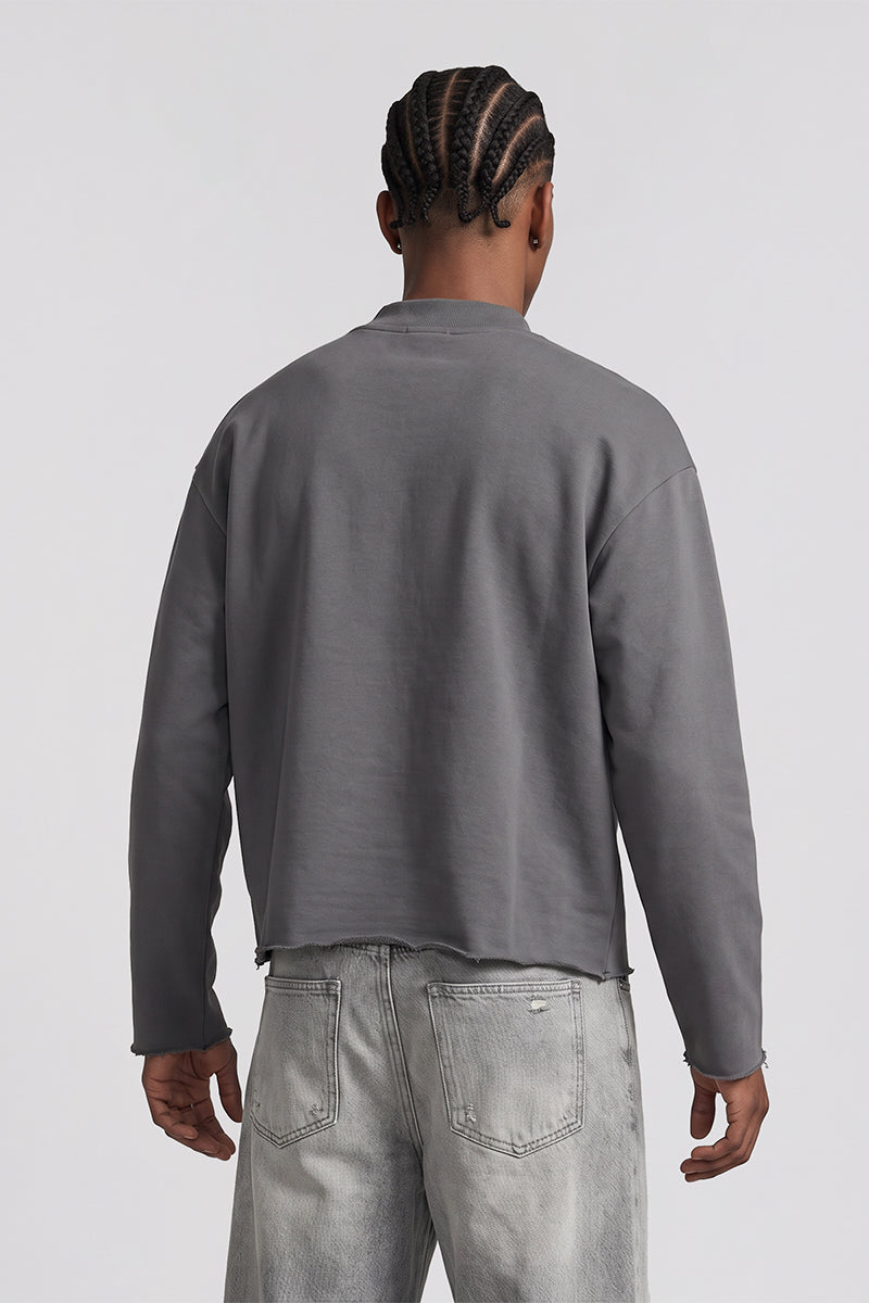 Men Fall Clothing Boxy Frayed Hem Mock Neck Long Sleeve Top