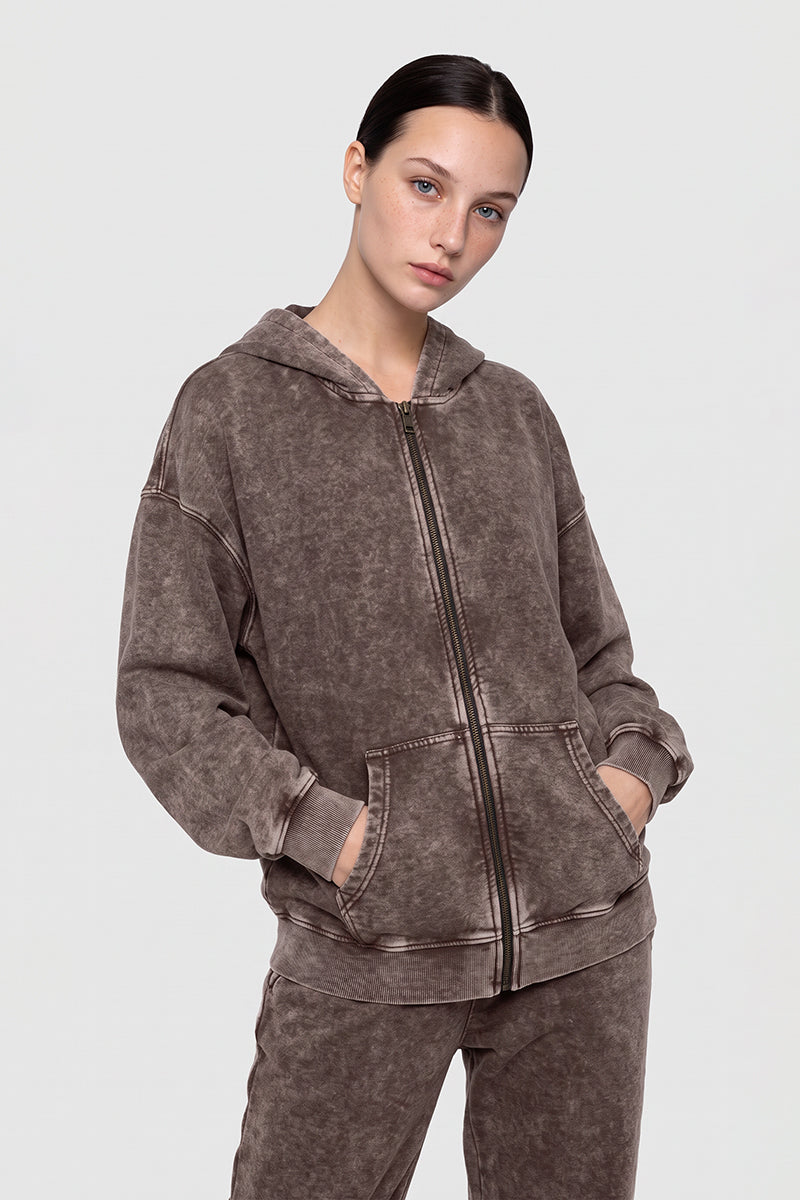Women's Fall Clothing Vintage Washed Zip-Up Pocket Hoodie