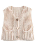 Ladies Solid Color Sleeveless Button Front Sweater Vest