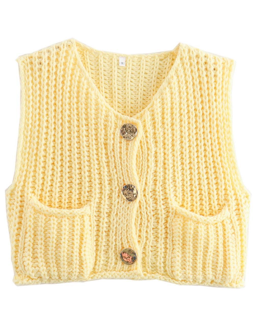 Ladies Chunky Knit Vest Solid Color Sleeveless Button Sweater Top