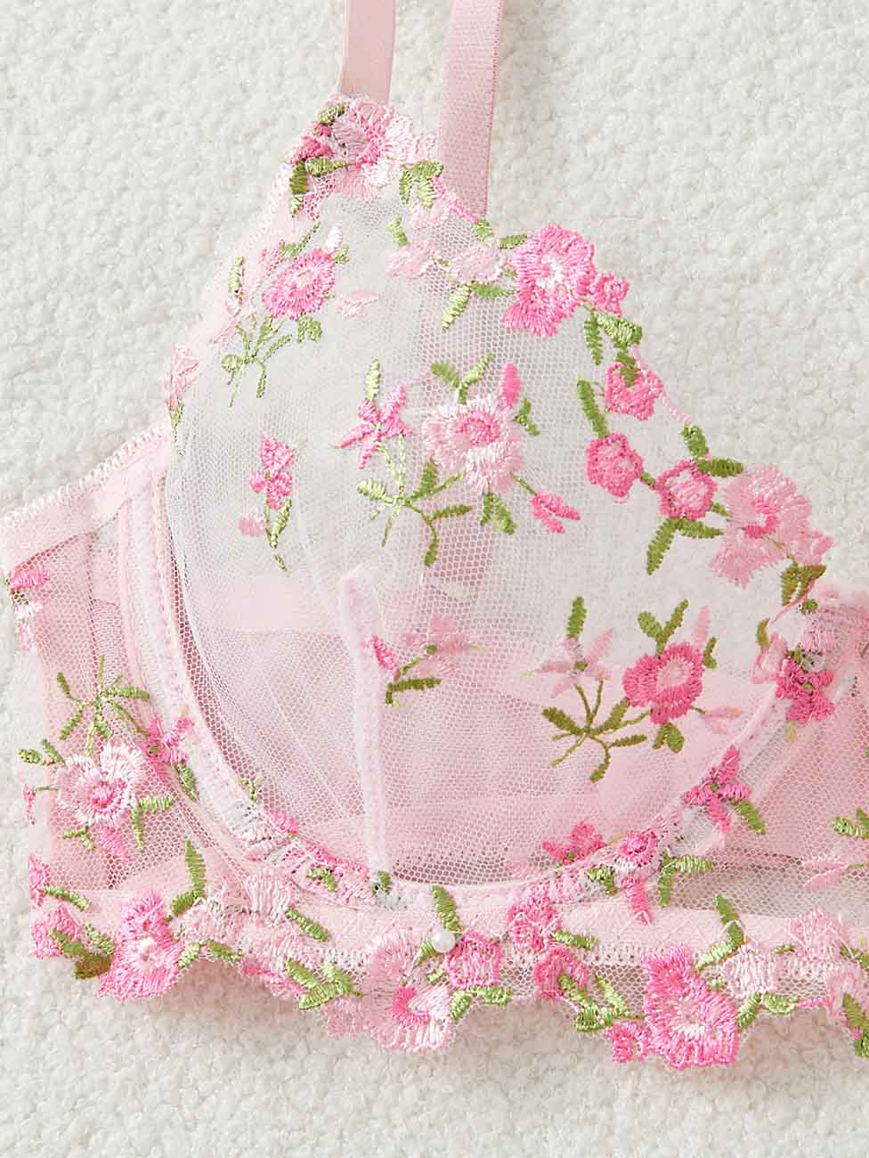 Ladies Sexy Sheer Floral Embroidery Thong 2PCS Lingerie Set