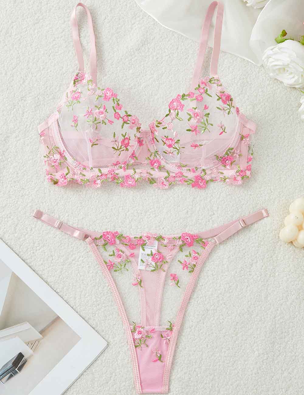 Ladies Sexy Sheer Floral Embroidery Thong 2PCS Lingerie Set