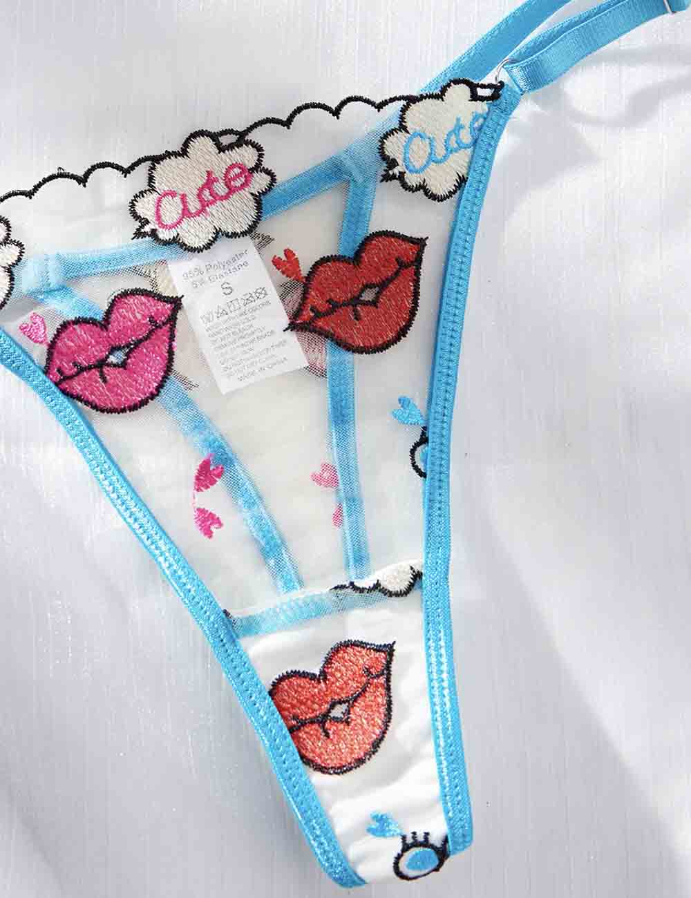 Ladies Red Lip Embroidery See Through 2PCS Lingerie Set 8HF4146