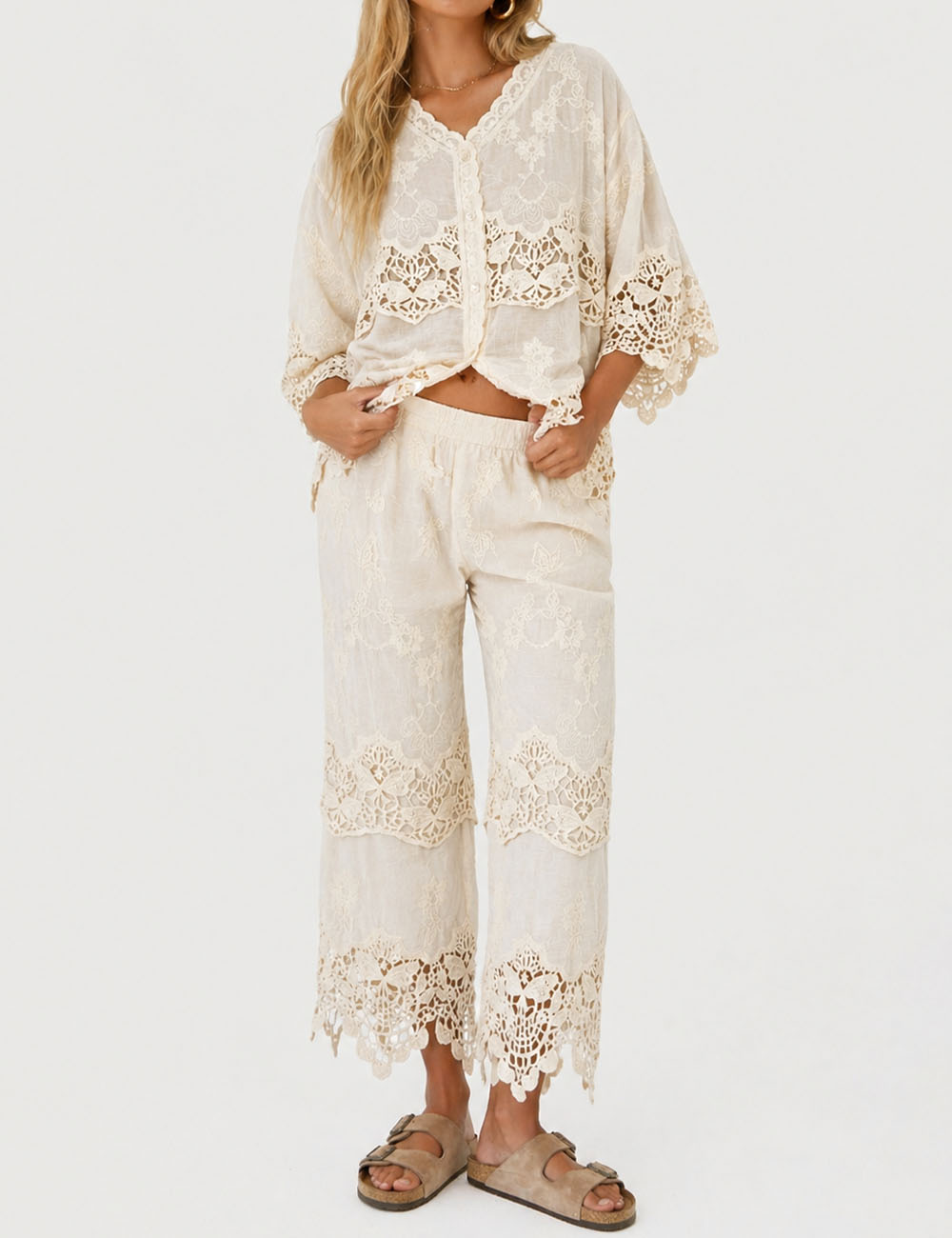 Ladies Crochet Scalloped Lace Embroidery Top & Pants Matching Set