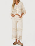Ladies Crochet Scalloped Lace Embroidery Top & Pants Matching Set
