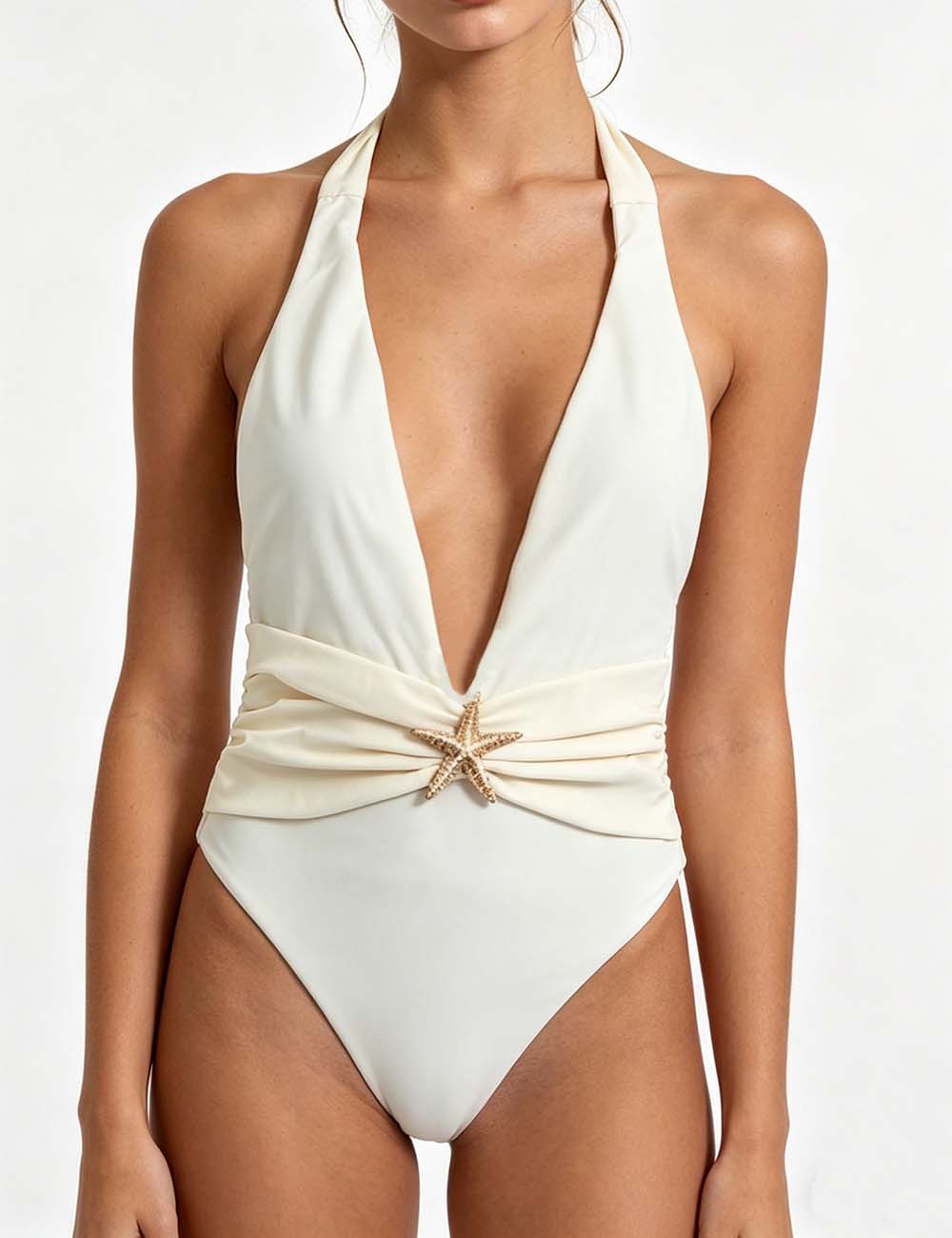 Ladies Gold Starfish Detail Deep V-Neck One-Piece with Salong