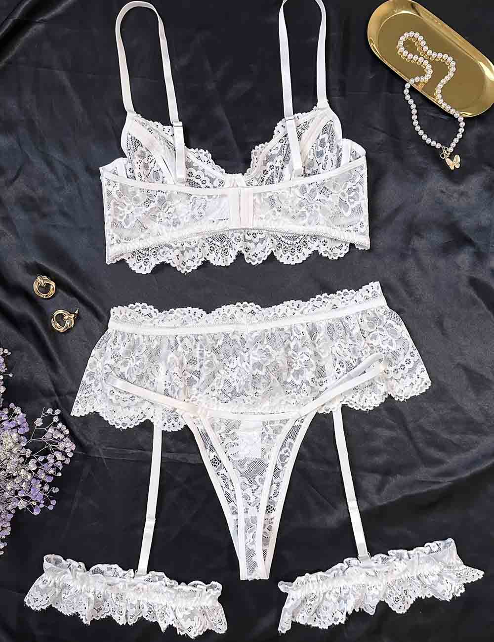 Ladies Floral Lace See Through 3PCS Lingerie Set 8HF1129
