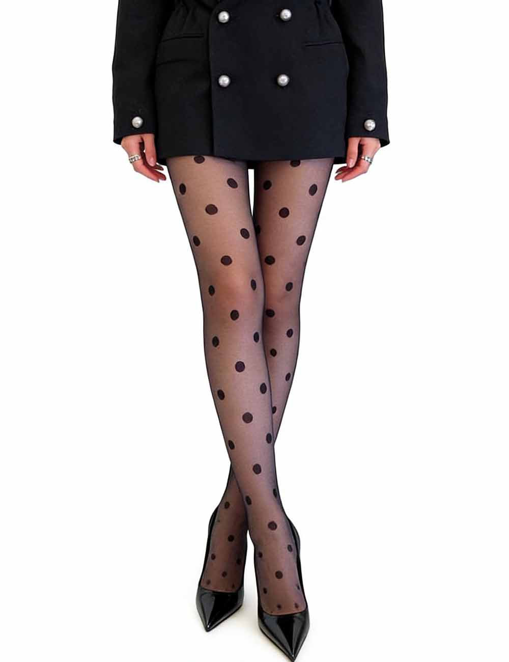 Ladies Polka Dot See Sheer Non-Fleece Lined Pantyhose