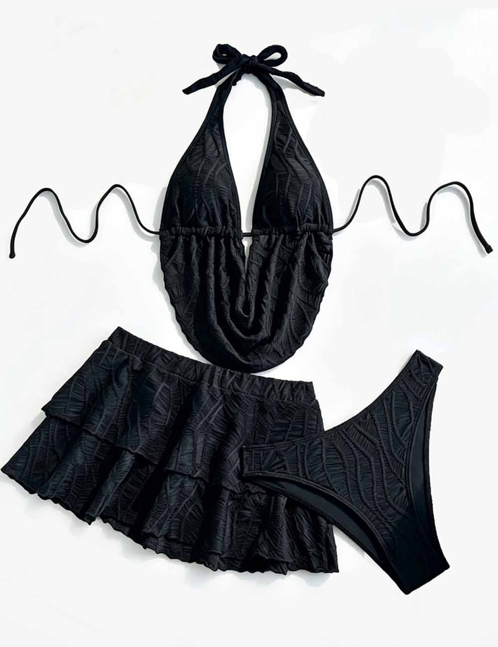 Ladies Cowl Drape Detail Triangle Bikini Set with Mini Skirt