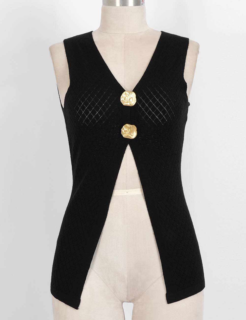 Ladies Chic Metal Button Diamond Knit V-Neck Vest