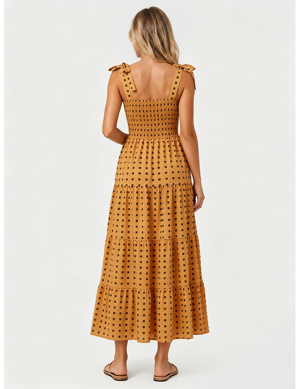 Ladies Abstract Print Smocked Tie Strap Square Neck Midi Dress